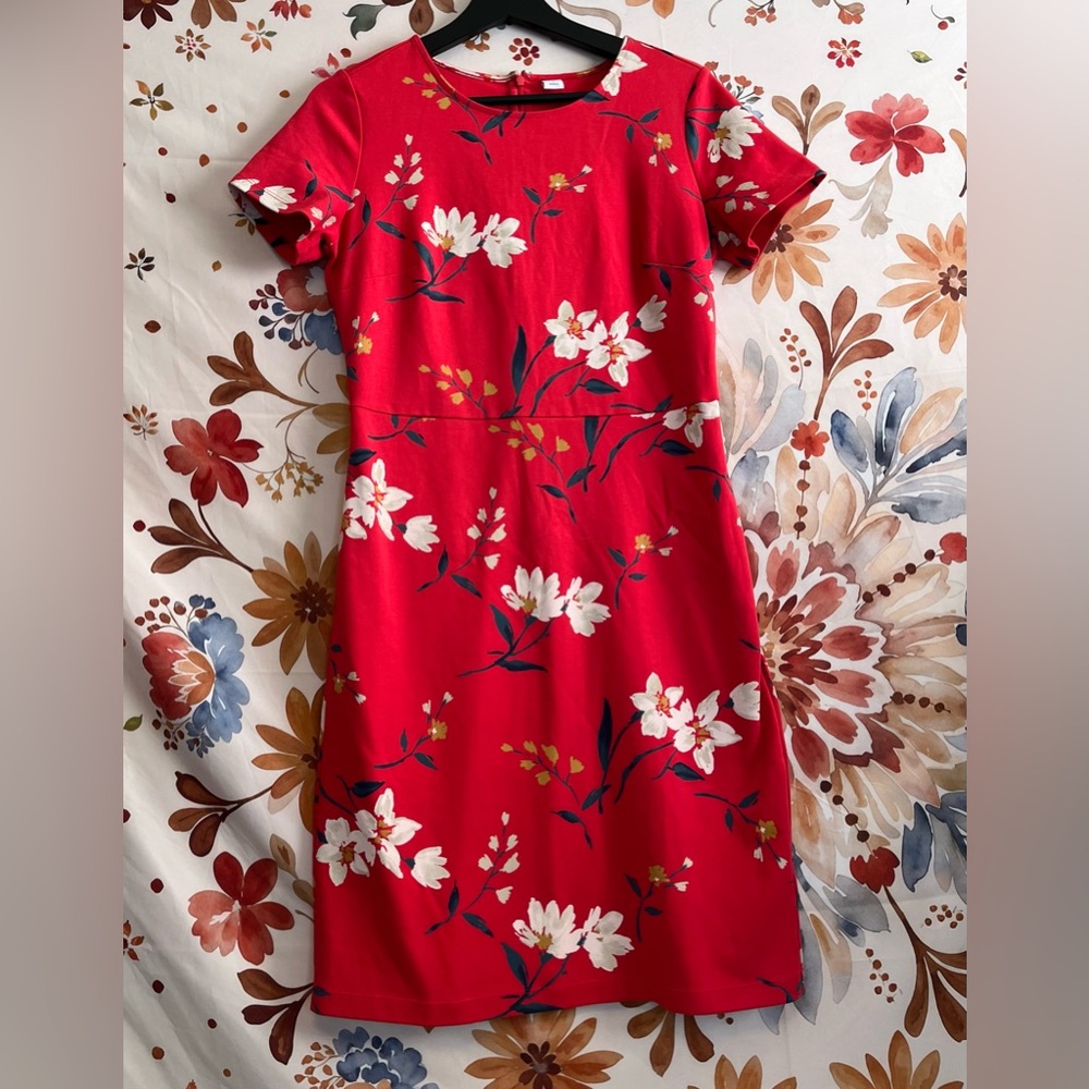 Old Navy Women’s S Red Cream Preppy Floral Workwear Office Classic Dress Spring
